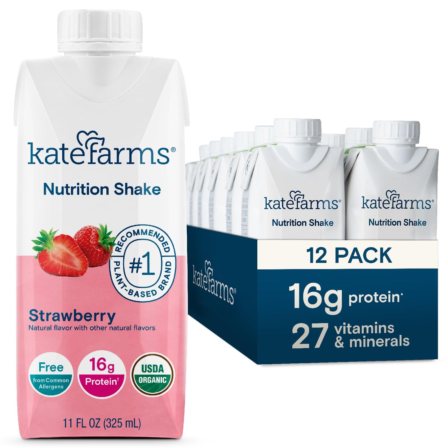 KATE FARMS Organic Nutrition Shake, Chocolate, 16g Protein, 12 Pack | Organic chocolate nutrition shake with 16g protein and 27 vitamins and minerals in every serving.
