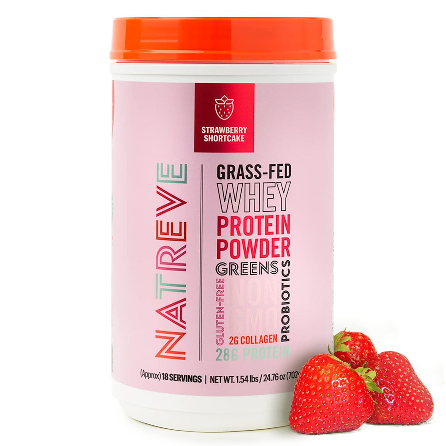 Natreve Whey Protein Powder - 26g Grass-Fed Whey Protein with Amino Acids, Probiotics & Collagen - Gluten Free & Unflavored, 20 Servings