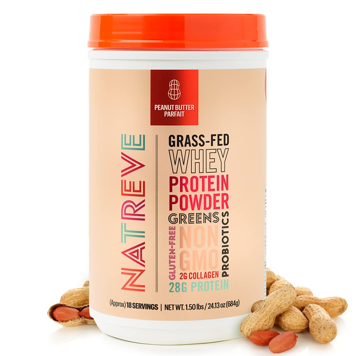 Natreve Whey Protein Powder - 26g Grass-Fed Whey Protein with Amino Acids, Probiotics & Collagen - Gluten Free & Unflavored, 20 Servings