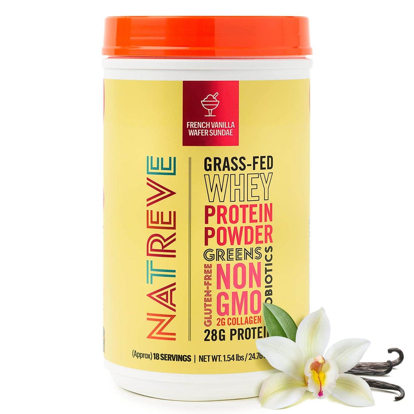 Natreve Whey Protein Powder - 26g Grass-Fed Whey Protein with Amino Acids, Probiotics & Collagen - Gluten Free & Unflavored, 20 Servings