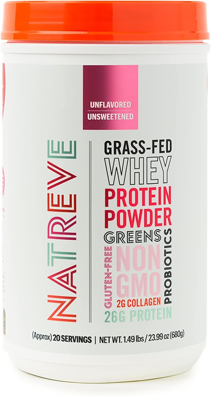Natreve Whey Protein Powder - 26g Grass-Fed Whey Protein with Amino Acids, Probiotics & Collagen - Gluten Free & Unflavored, 20 Servings