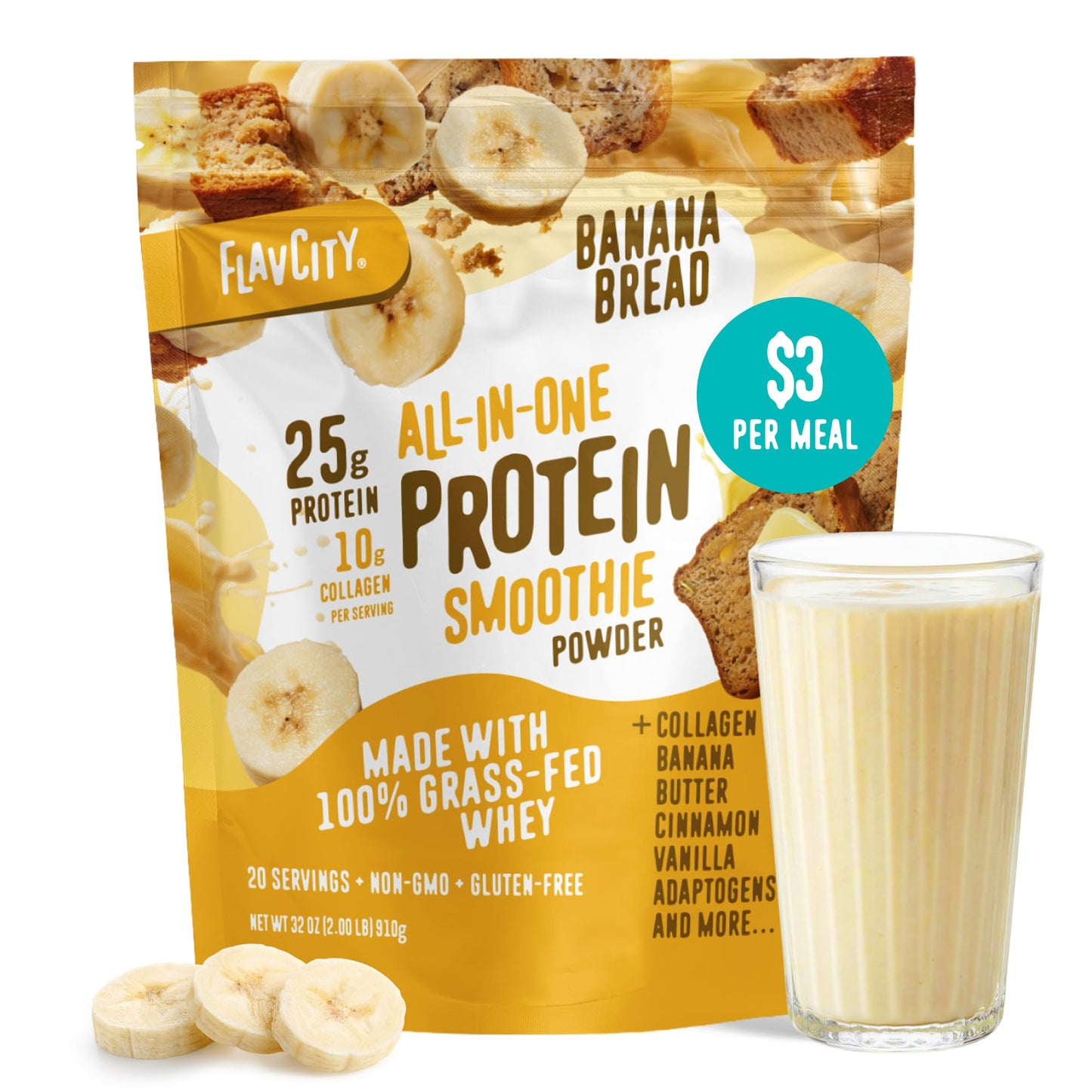 FlavCity All in One Protein Shake Powder, Mint Chocolate - On the Go Meal Alternative + Collagen Peptides, Reishi & Cordyceps - Focus, Skin, Hair & Joint Support - 100% Grass Fed Whey, 20 Servings