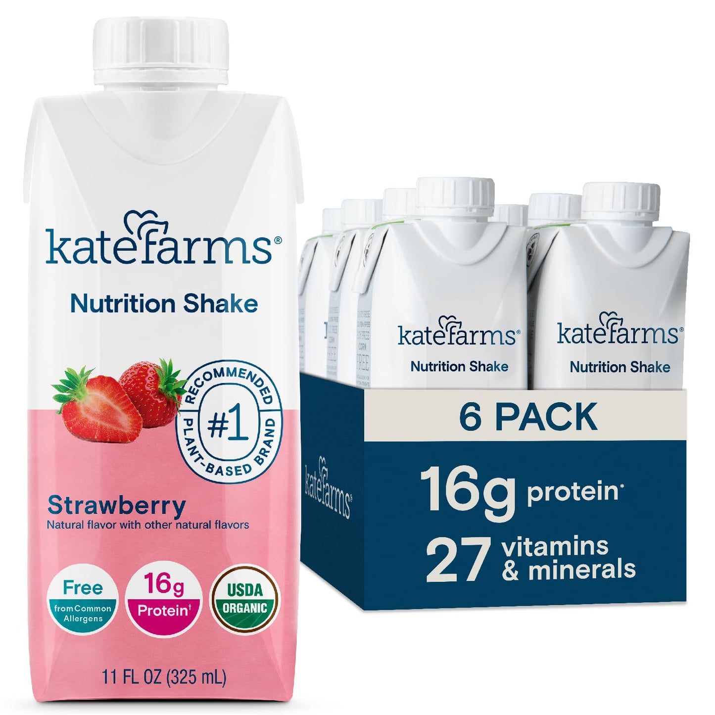 KATE FARMS Organic Nutrition Shake, Chocolate, 16g Protein, 12 Pack | Organic chocolate nutrition shake with 16g protein and 27 vitamins and minerals in every serving.
