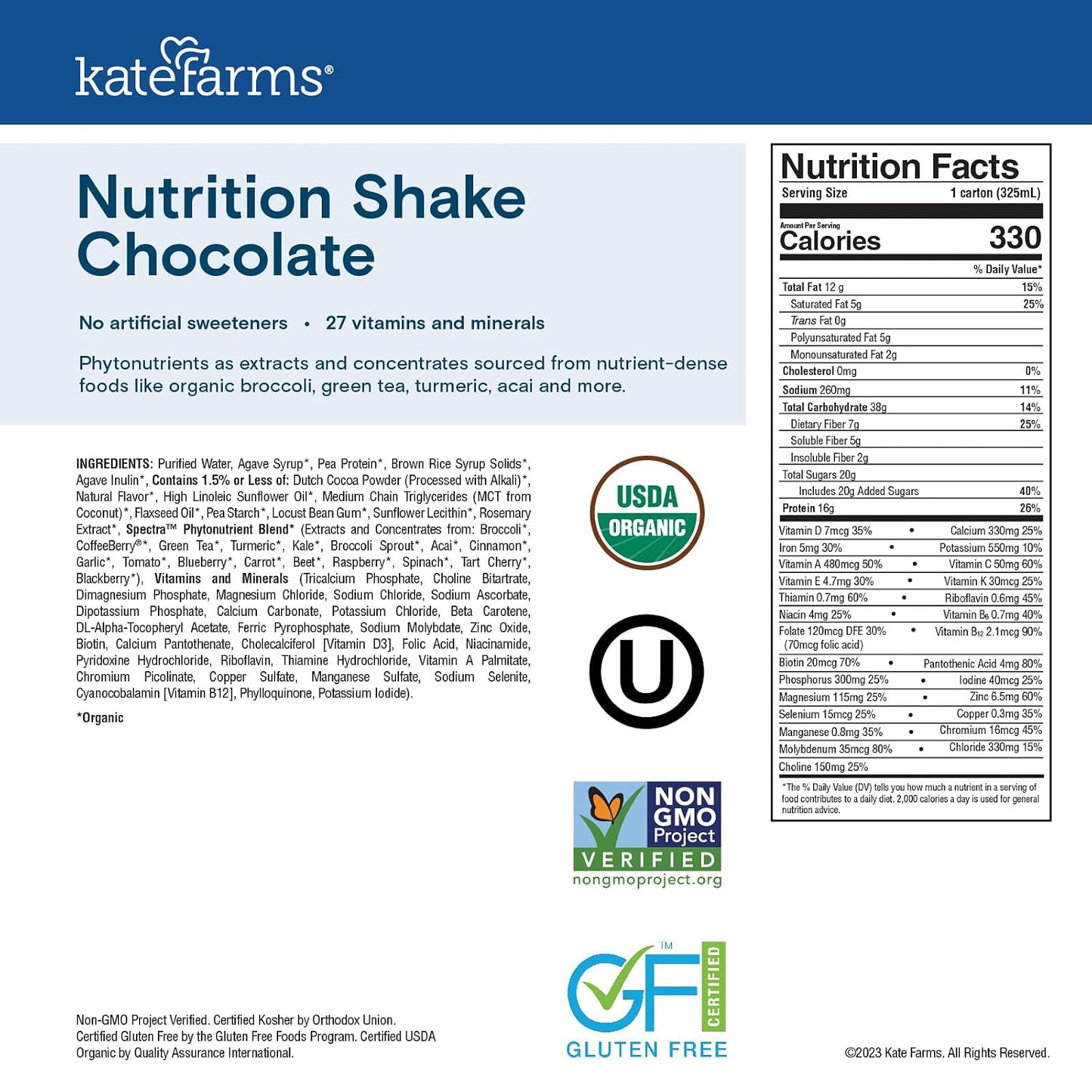 KATE FARMS Organic Nutrition Shake, Chocolate, 16g Protein, 12 Pack | Organic chocolate nutrition shake with 16g protein and 27 vitamins and minerals in every serving.