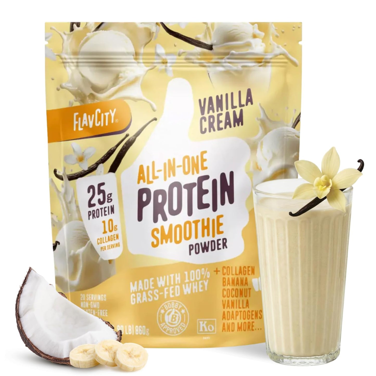 FlavCity All in One Protein Shake Powder, Mint Chocolate - On the Go Meal Alternative + Collagen Peptides, Reishi & Cordyceps - Focus, Skin, Hair & Joint Support - 100% Grass Fed Whey, 20 Servings