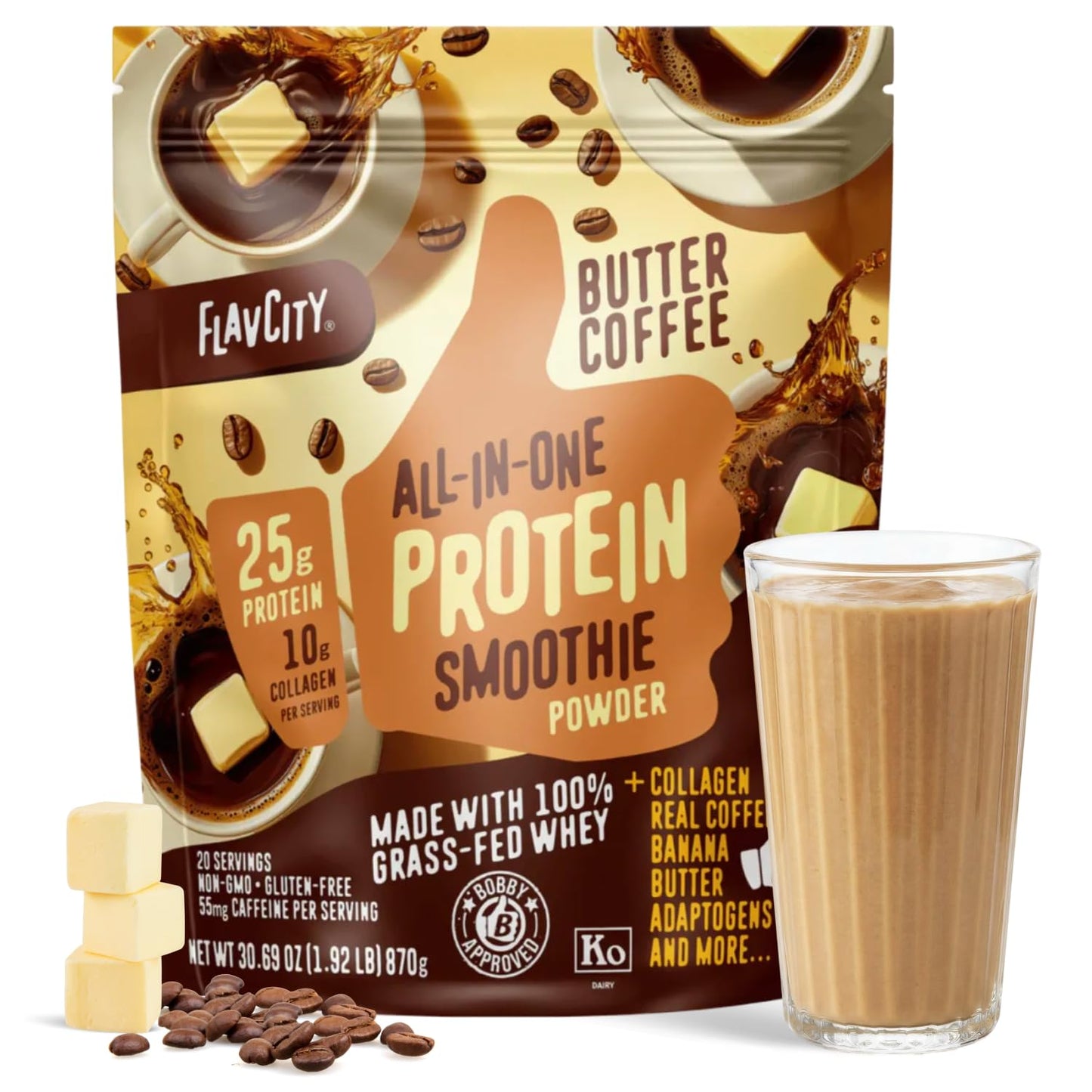 FlavCity All in One Protein Shake Powder, Mint Chocolate - On the Go Meal Alternative + Collagen Peptides, Reishi & Cordyceps - Focus, Skin, Hair & Joint Support - 100% Grass Fed Whey, 20 Servings