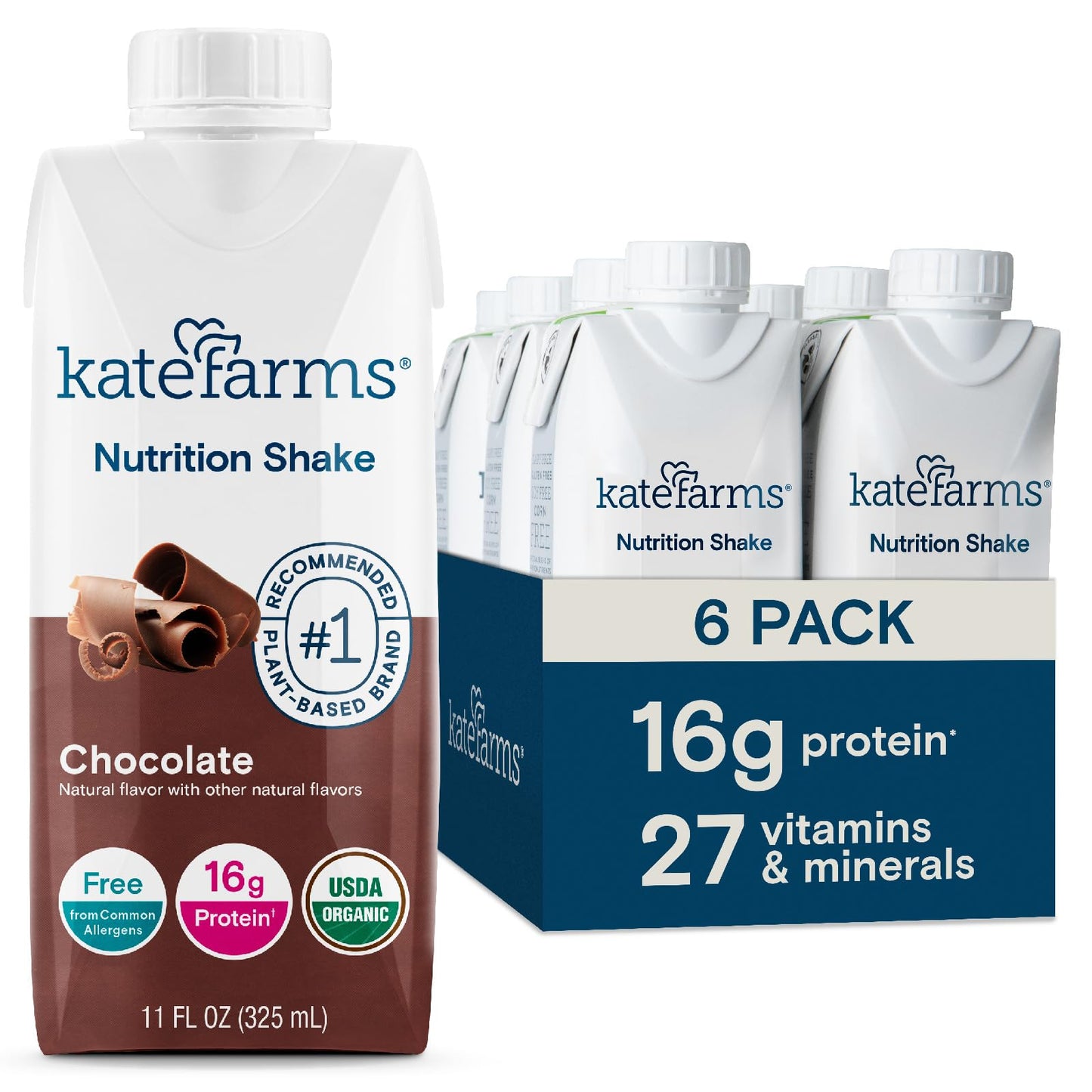 KATE FARMS Organic Nutrition Shake, Chocolate, 16g Protein, 12 Pack | Organic chocolate nutrition shake with 16g protein and 27 vitamins and minerals in every serving.