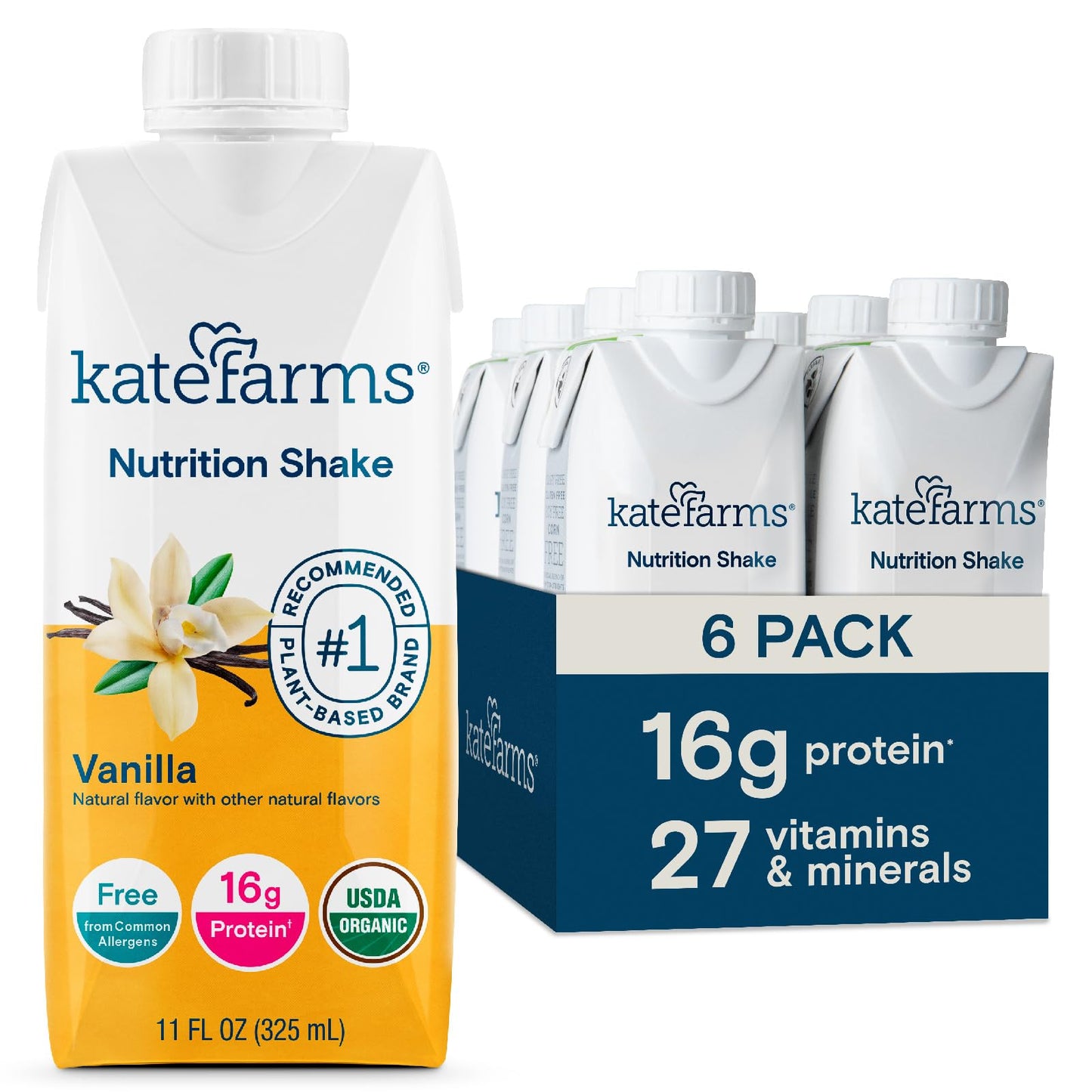 KATE FARMS Organic Nutrition Shake, Chocolate, 16g Protein, 12 Pack | Organic chocolate nutrition shake with 16g protein and 27 vitamins and minerals in every serving.