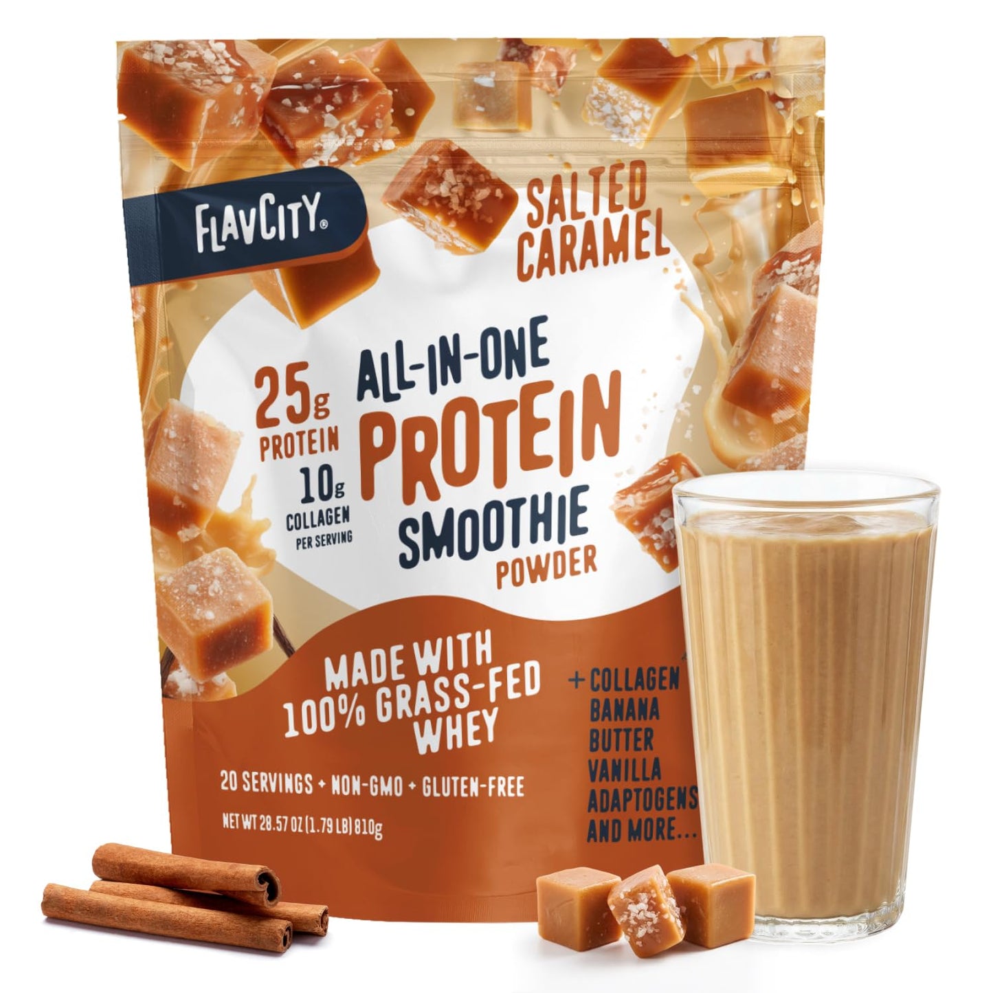 FlavCity All in One Protein Shake Powder, Mint Chocolate - On the Go Meal Alternative + Collagen Peptides, Reishi & Cordyceps - Focus, Skin, Hair & Joint Support - 100% Grass Fed Whey, 20 Servings
