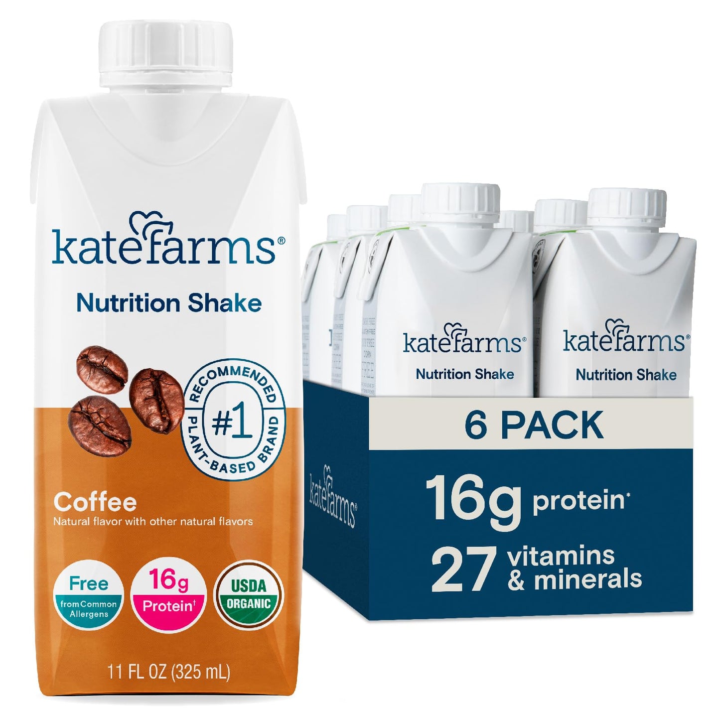 KATE FARMS Organic Nutrition Shake, Chocolate, 16g Protein, 12 Pack | Organic chocolate nutrition shake with 16g protein and 27 vitamins and minerals in every serving.