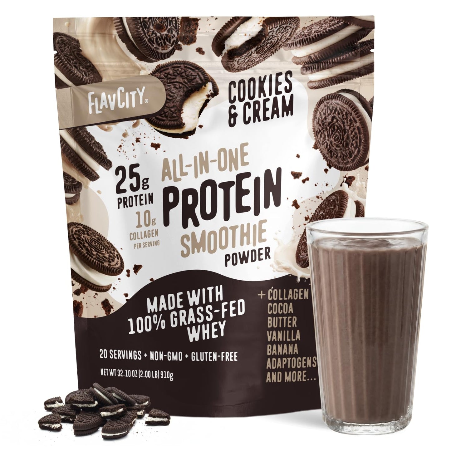 FlavCity All in One Protein Shake Powder, Mint Chocolate - On the Go Meal Alternative + Collagen Peptides, Reishi & Cordyceps - Focus, Skin, Hair & Joint Support - 100% Grass Fed Whey, 20 Servings