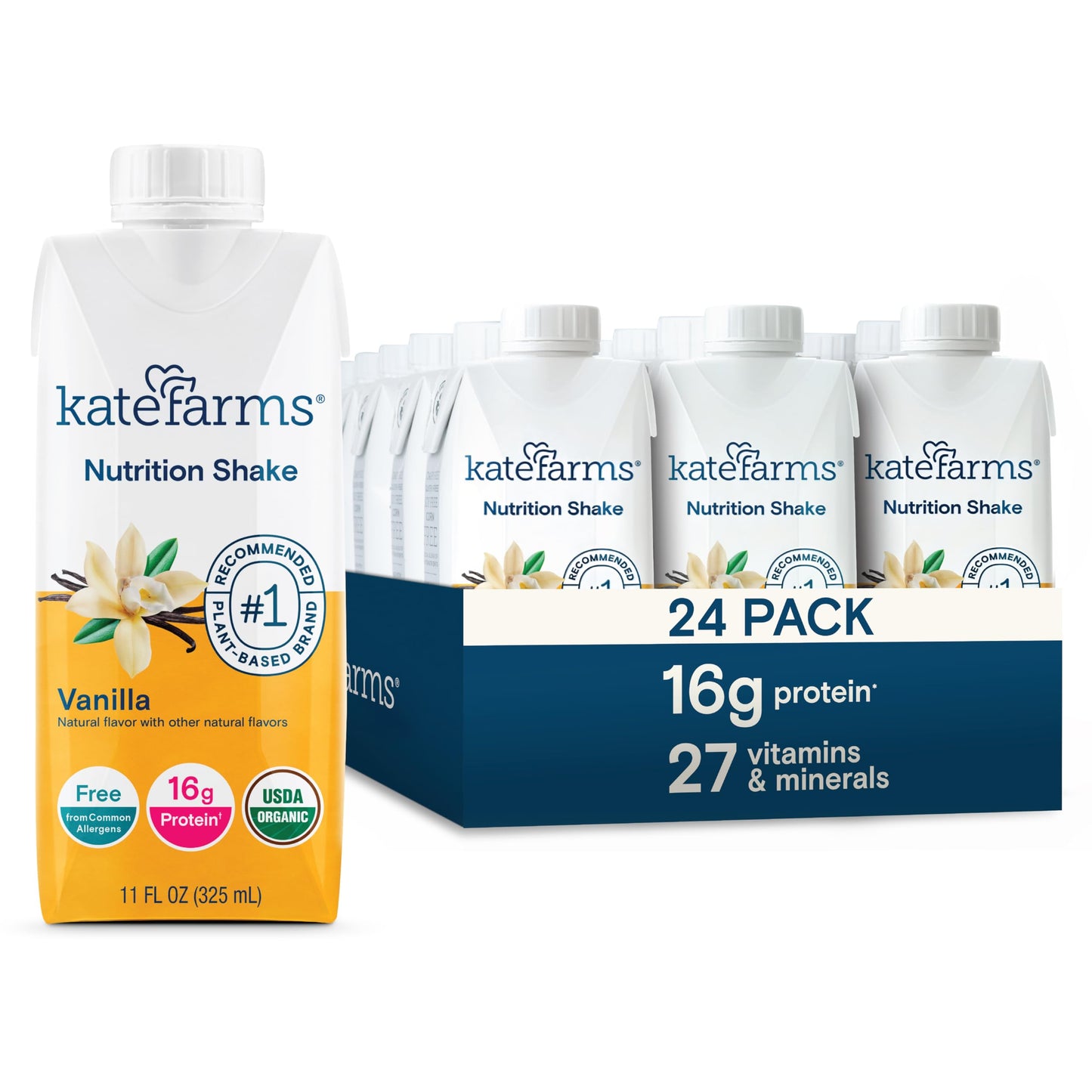 KATE FARMS Organic Nutrition Shake, Chocolate, 16g Protein, 12 Pack | Organic chocolate nutrition shake with 16g protein and 27 vitamins and minerals in every serving.