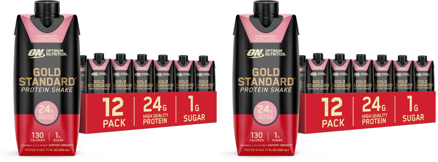 Optimum Nutrition Gold Standard Protein Shake, 24g Protein, Ready to Drink Protein Drinks, Strawberry, 11 Fl Oz, 12 Count (Pack of 1) (Packaging May Vary)
