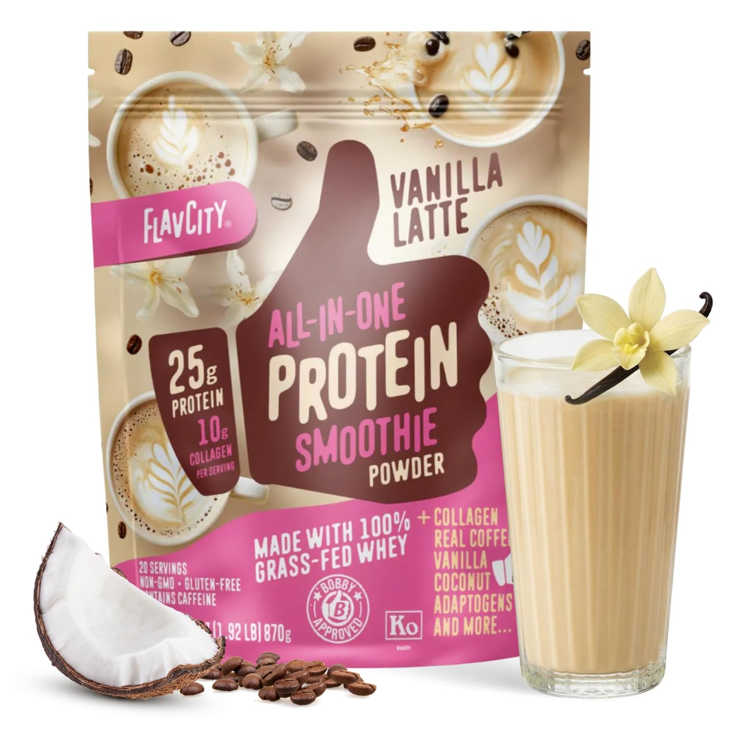 FlavCity All in One Protein Shake Powder, Mint Chocolate - On the Go Meal Alternative + Collagen Peptides, Reishi & Cordyceps - Focus, Skin, Hair & Joint Support - 100% Grass Fed Whey, 20 Servings