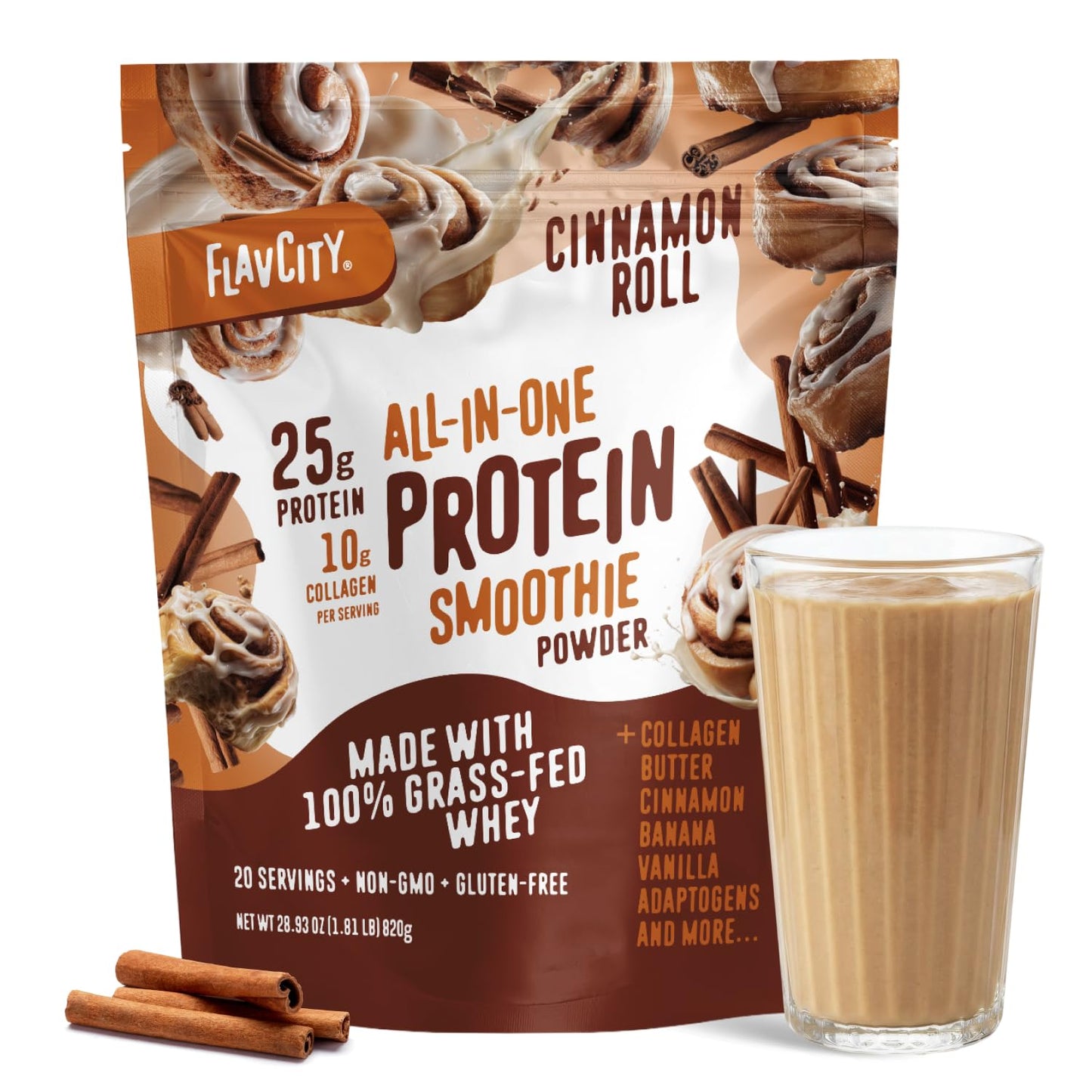 FlavCity All in One Protein Shake Powder, Mint Chocolate - On the Go Meal Alternative + Collagen Peptides, Reishi & Cordyceps - Focus, Skin, Hair & Joint Support - 100% Grass Fed Whey, 20 Servings