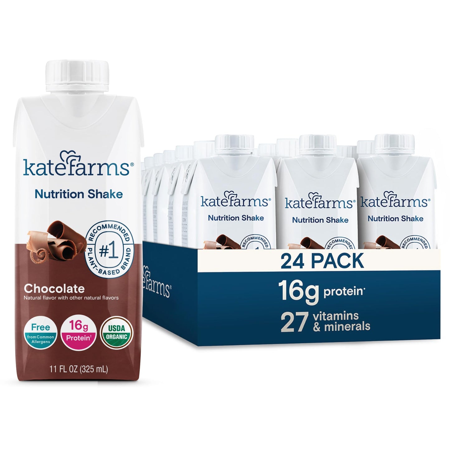 KATE FARMS Organic Nutrition Shake, Chocolate, 16g Protein, 12 Pack | Organic chocolate nutrition shake with 16g protein and 27 vitamins and minerals in every serving.