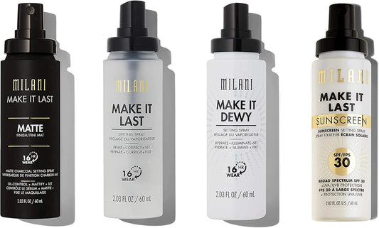 Milani Setting Sprays: Make It Last, Make It Dewy, Make it Last Charcoal Matte, Make It Last Sunscreen Setting Spray with SPF30, Long Lasting Makeup Finishing Spray