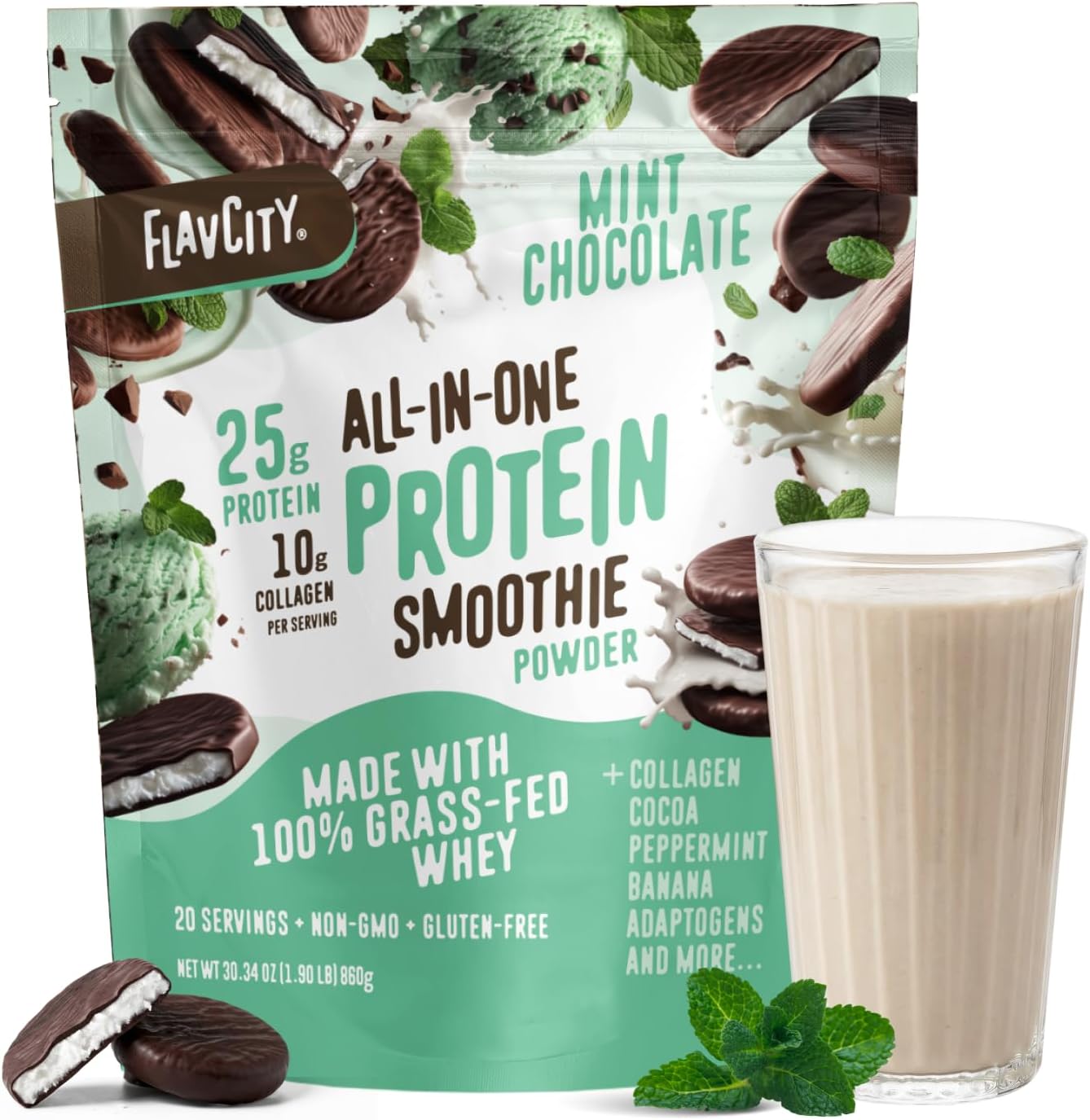 FlavCity All in One Protein Shake Powder, Mint Chocolate - On the Go Meal Alternative + Collagen Peptides, Reishi & Cordyceps - Focus, Skin, Hair & Joint Support - 100% Grass Fed Whey, 20 Servings