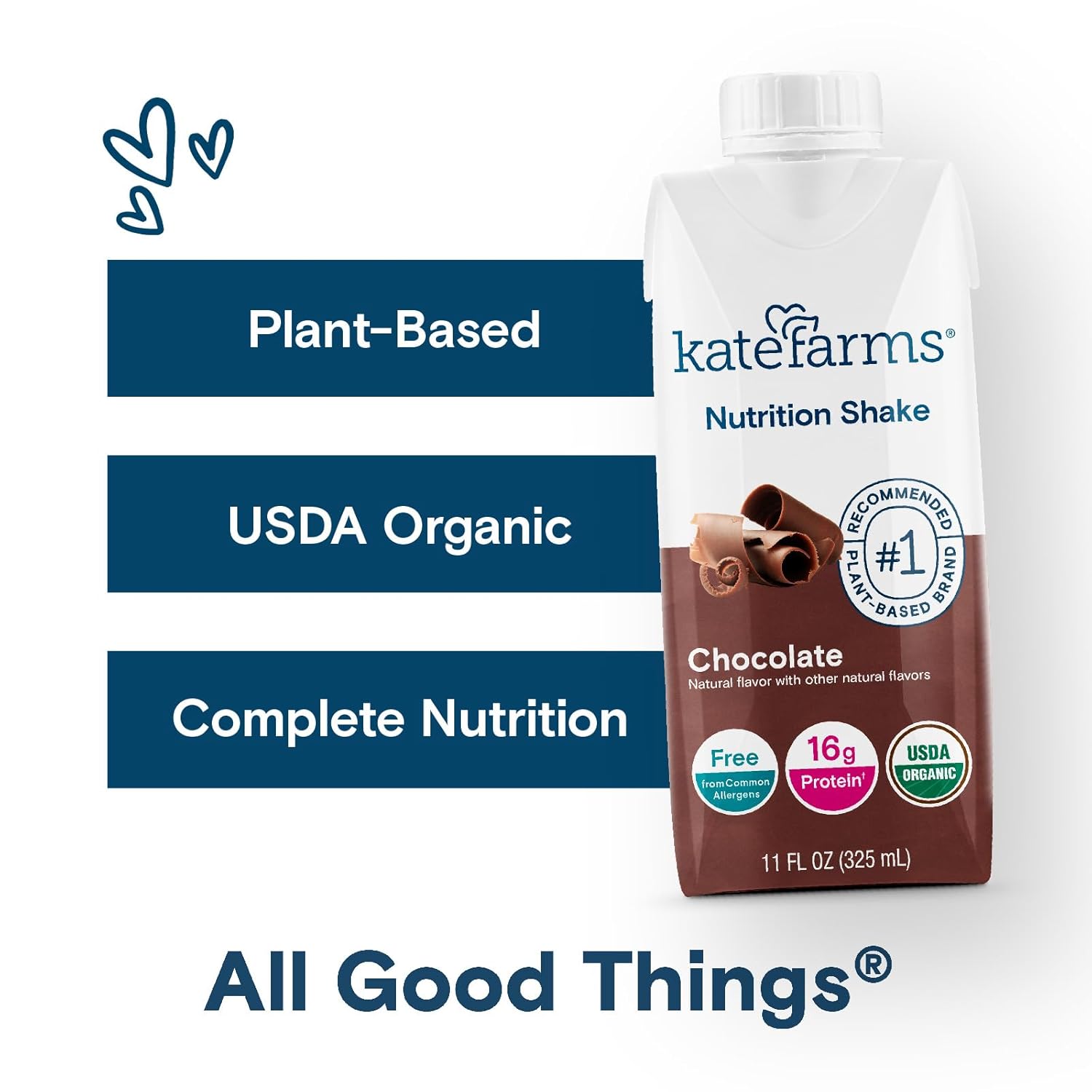 KATE FARMS Organic Nutrition Shake, Chocolate, 16g Protein, 12 Pack | Organic chocolate nutrition shake with 16g protein and 27 vitamins and minerals in every serving.