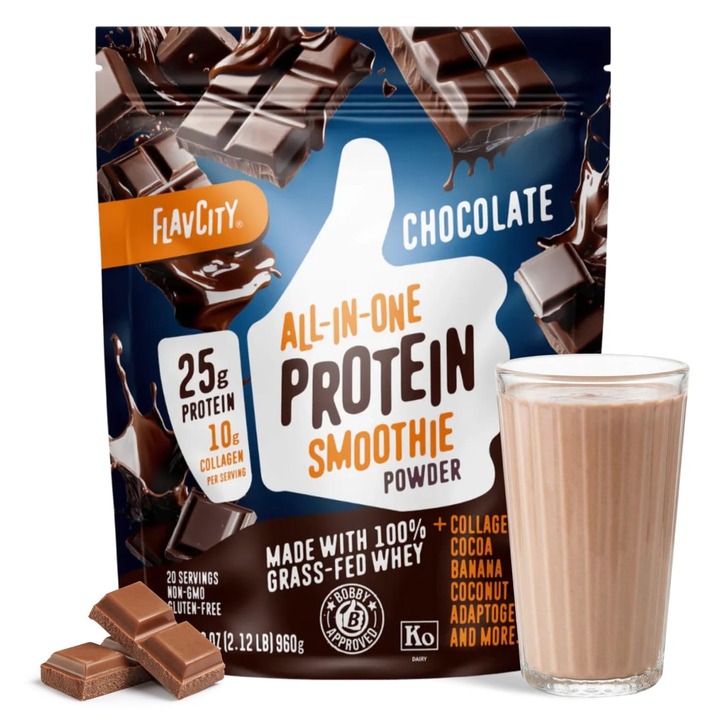 FlavCity All in One Protein Shake Powder, Mint Chocolate - On the Go Meal Alternative + Collagen Peptides, Reishi & Cordyceps - Focus, Skin, Hair & Joint Support - 100% Grass Fed Whey, 20 Servings