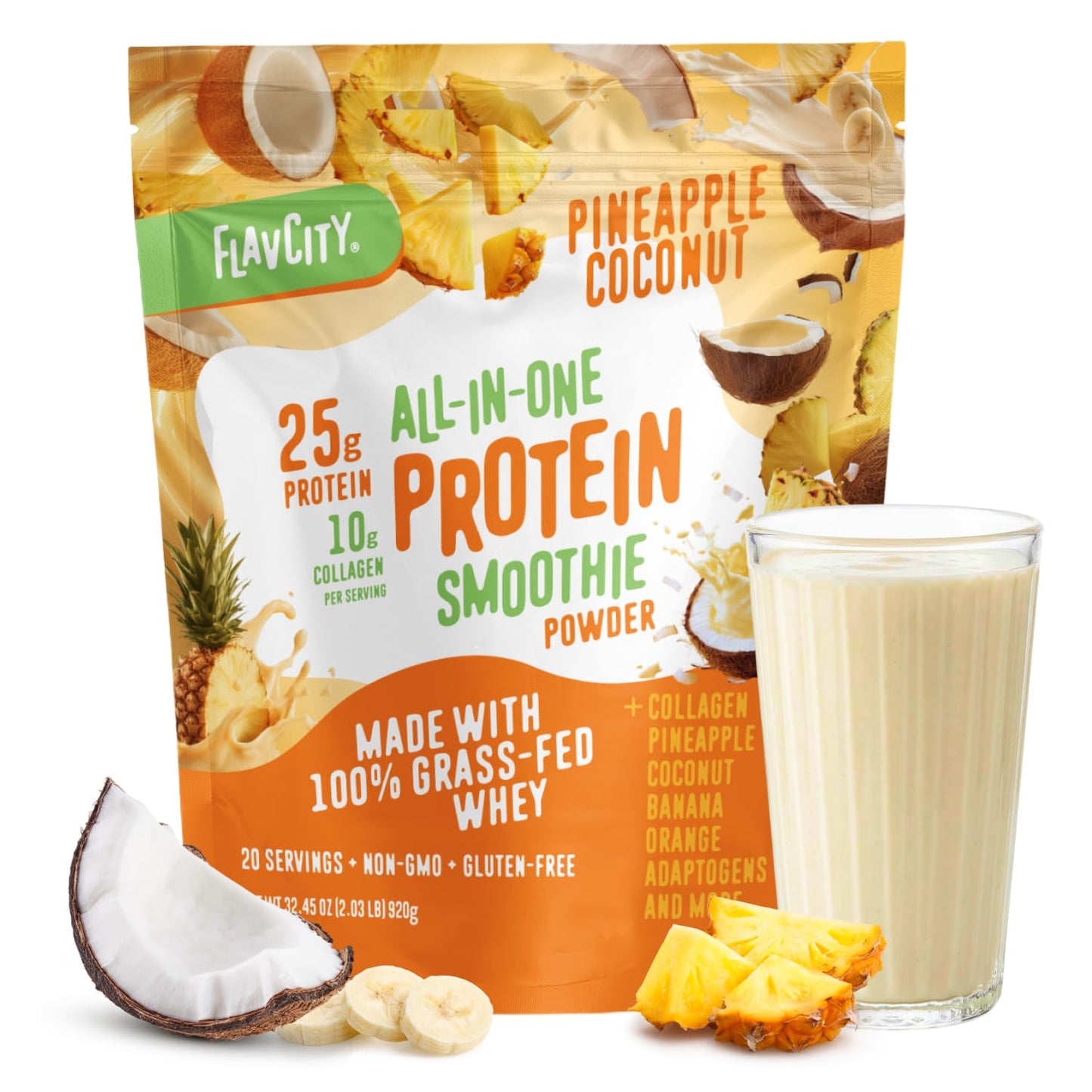 FlavCity All in One Protein Shake Powder, Mint Chocolate - On the Go Meal Alternative + Collagen Peptides, Reishi & Cordyceps - Focus, Skin, Hair & Joint Support - 100% Grass Fed Whey, 20 Servings