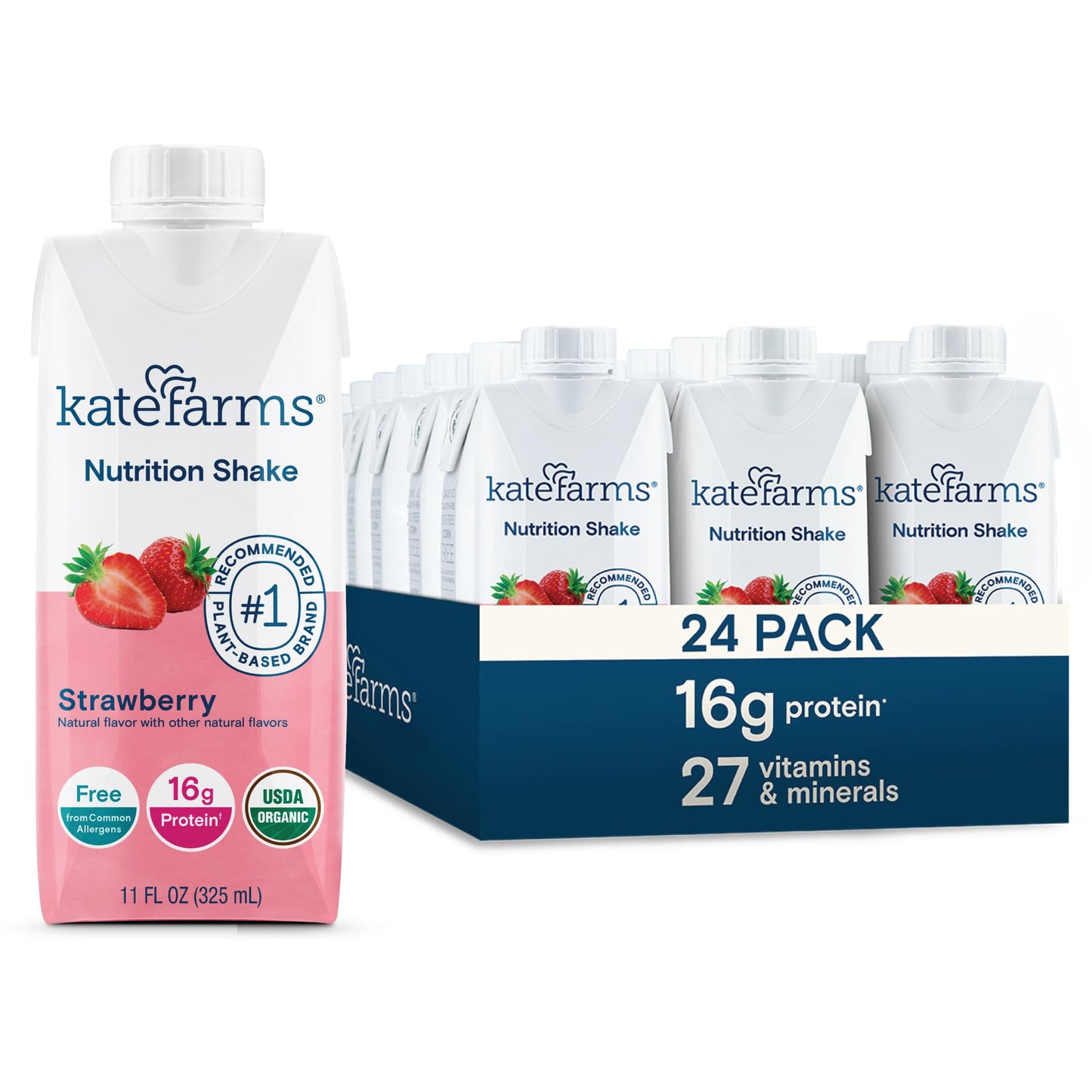 KATE FARMS Organic Nutrition Shake, Chocolate, 16g Protein, 12 Pack | Organic chocolate nutrition shake with 16g protein and 27 vitamins and minerals in every serving.