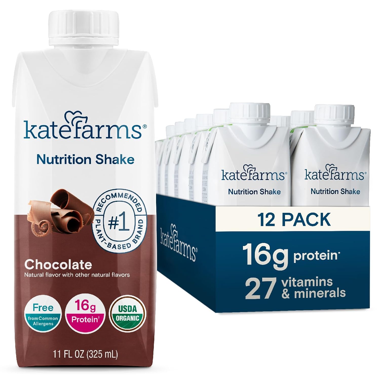 KATE FARMS Organic Nutrition Shake, Chocolate, 16g Protein, 12 Pack | Organic chocolate nutrition shake with 16g protein and 27 vitamins and minerals in every serving.