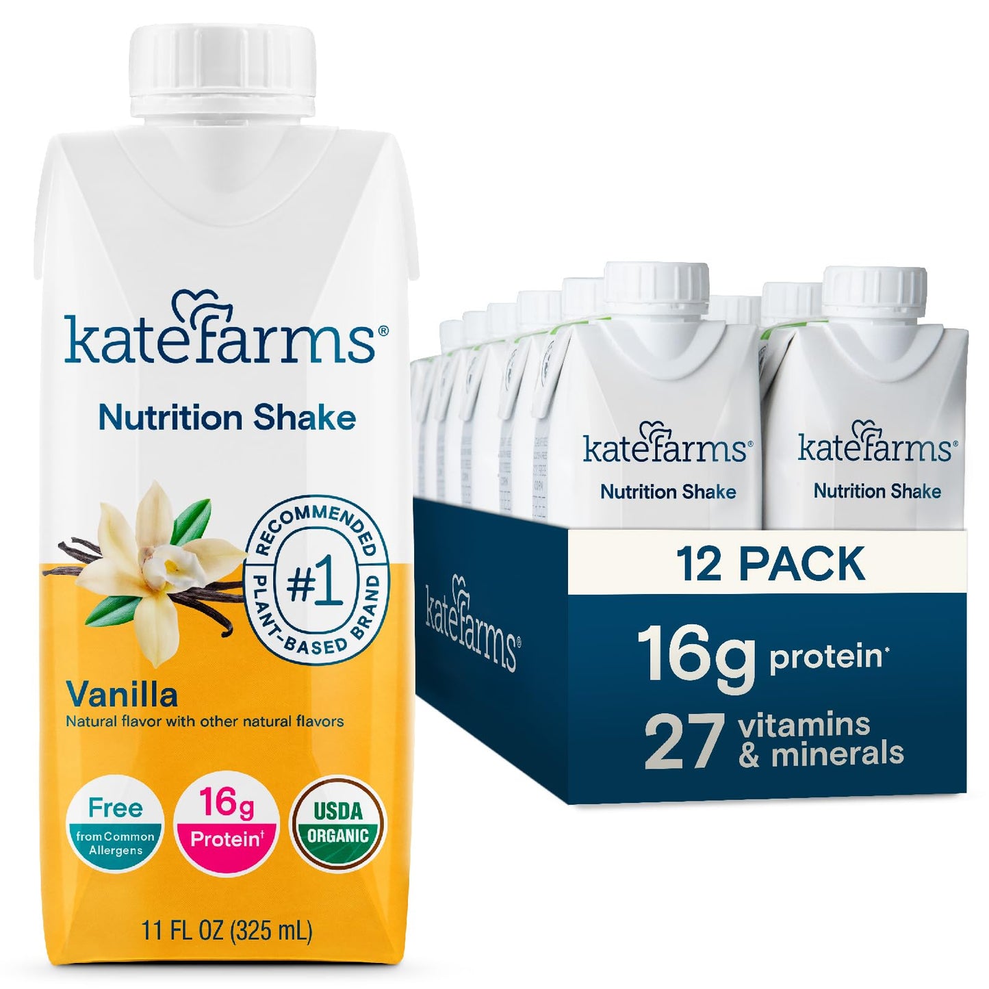 KATE FARMS Organic Nutrition Shake, Chocolate, 16g Protein, 12 Pack | Organic chocolate nutrition shake with 16g protein and 27 vitamins and minerals in every serving.