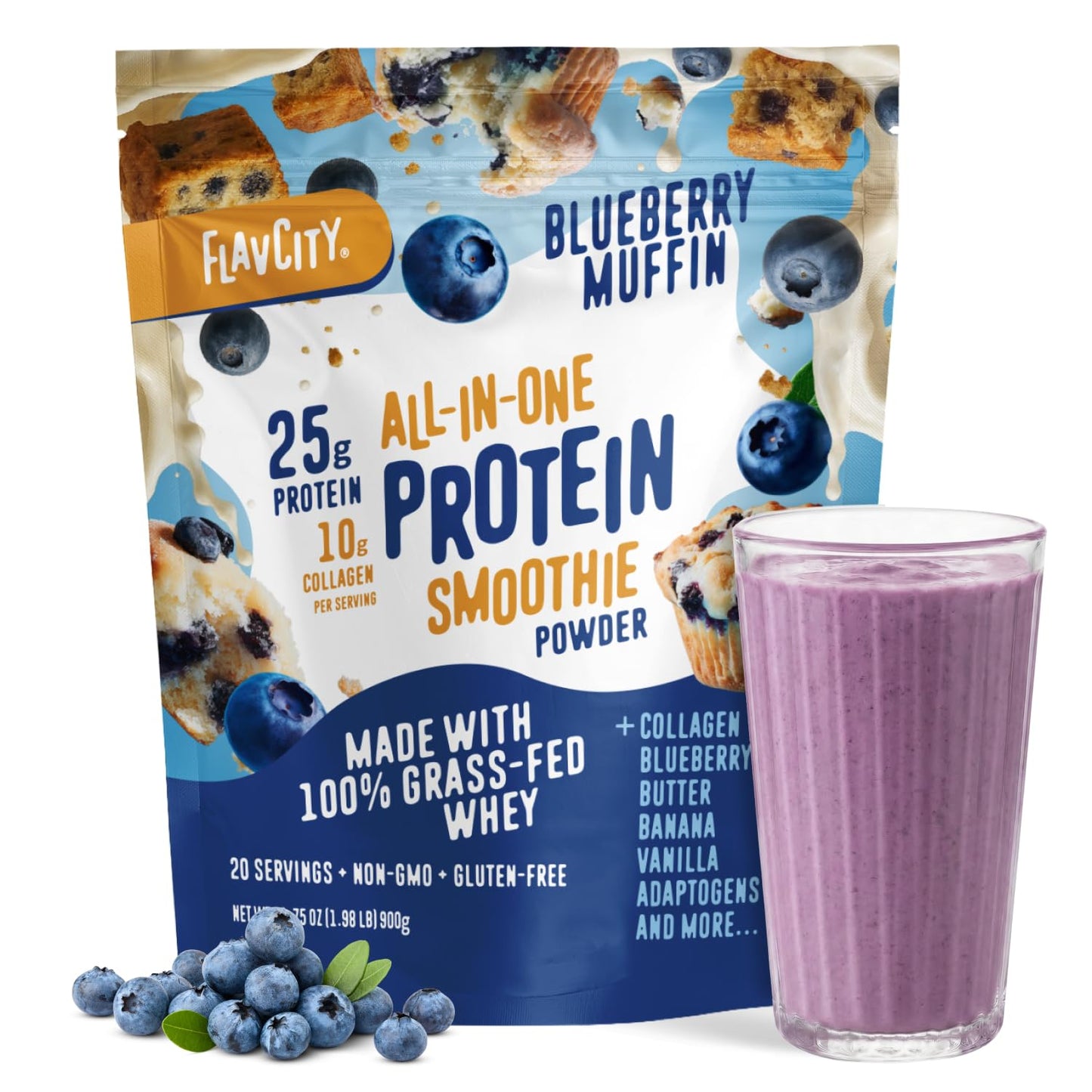 FlavCity All in One Protein Shake Powder, Mint Chocolate - On the Go Meal Alternative + Collagen Peptides, Reishi & Cordyceps - Focus, Skin, Hair & Joint Support - 100% Grass Fed Whey, 20 Servings