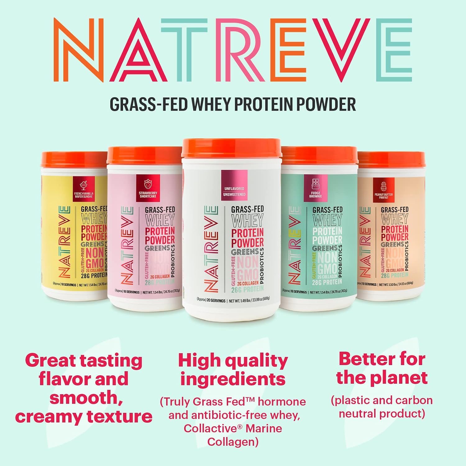 Natreve Whey Protein Powder - 26g Grass-Fed Whey Protein with Amino Acids, Probiotics & Collagen - Gluten Free & Unflavored, 20 Servings