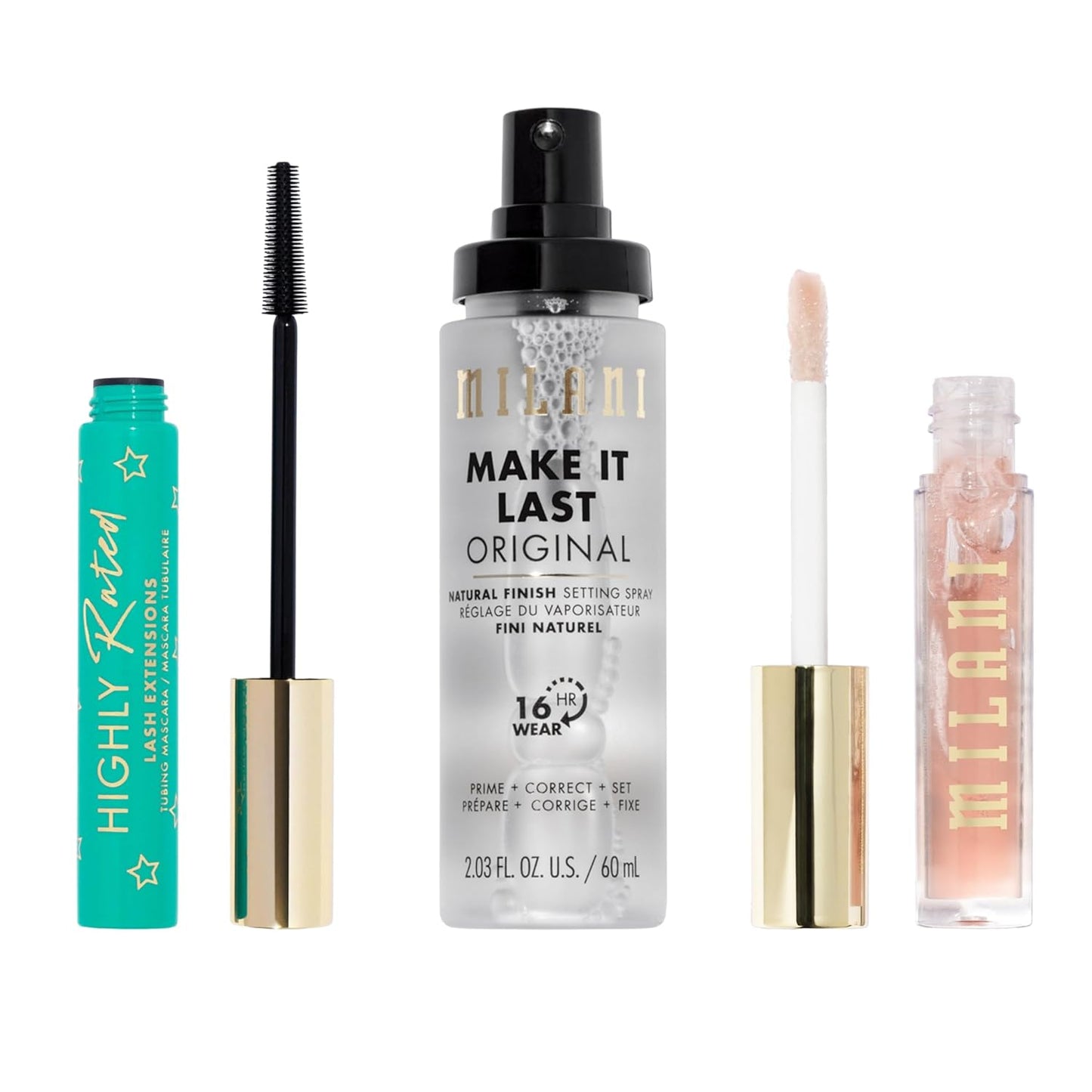 Milani Highly Rated Lash Extensions Tubing Mascara for Added Length and Lift + Keep It Full Maxxx Balmshell Lip Plumping Balm - Balmshell + Make It Last Original - Natural Finish Setting Spray 3-in-1