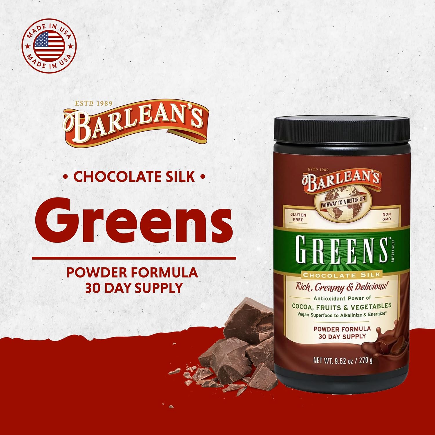 Barlean's Chocolate Greens Powder, Superfood Drink Mix, Vegan, 9.52oz | Fruits, vegetables & greens, Cocoa flavor, Fiber, Non-GMO, Vegan, Gluten-free, Daily superfood drink mix