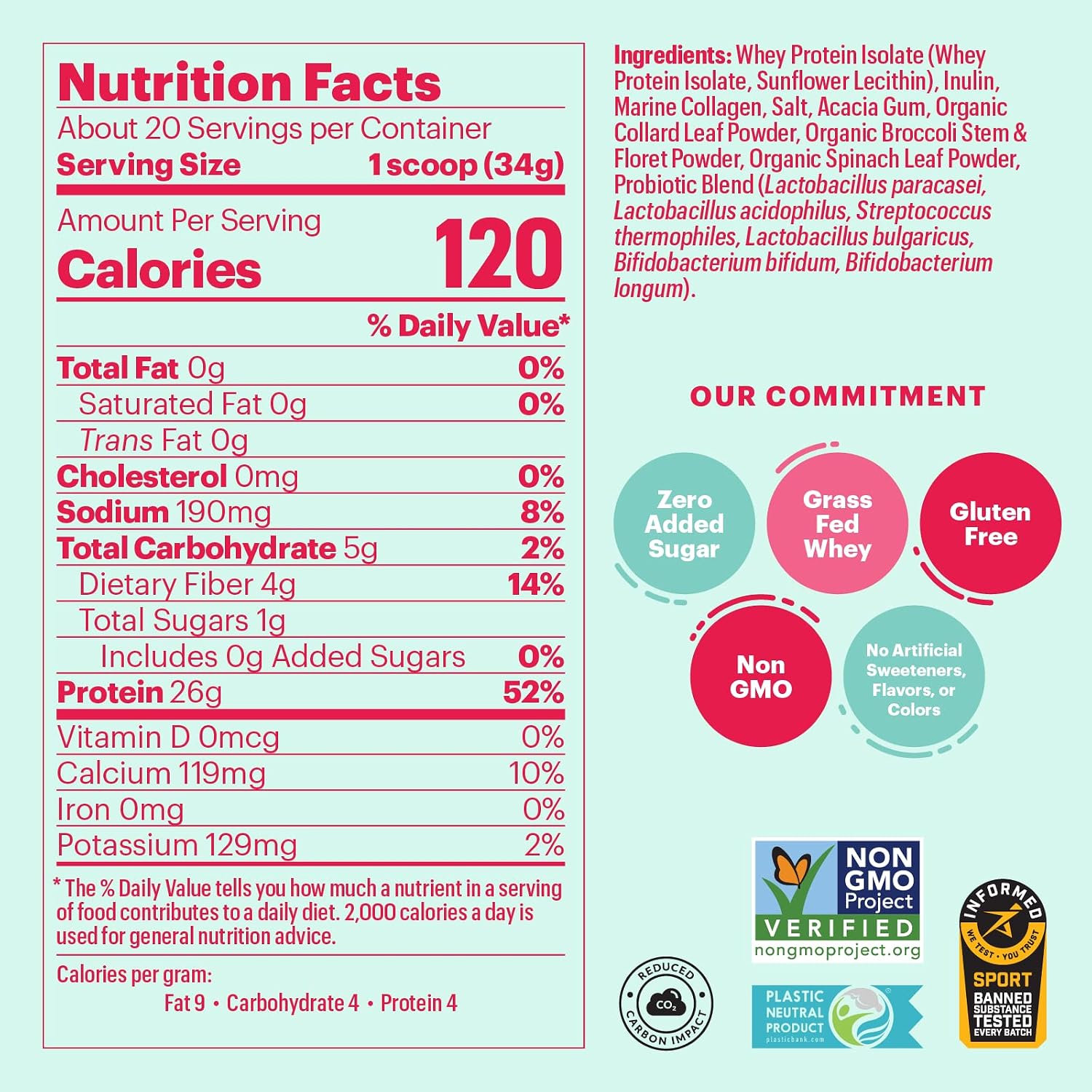 Natreve Whey Protein Powder - 26g Grass-Fed Whey Protein with Amino Acids, Probiotics & Collagen - Gluten Free & Unflavored, 20 Servings