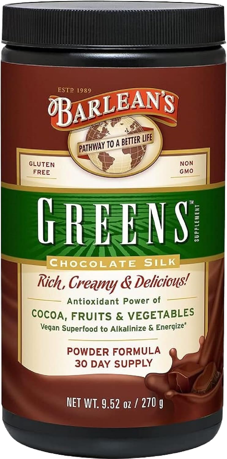 Barlean's Chocolate Greens Powder, Superfood Drink Mix, Vegan, 9.52oz | Fruits, vegetables & greens, Cocoa flavor, Fiber, Non-GMO, Vegan, Gluten-free, Daily superfood drink mix
