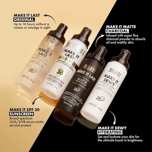 Milani Setting Sprays: Make It Last, Make It Dewy, Make it Last Charcoal Matte, Make It Last Sunscreen Setting Spray with SPF30, Long Lasting Makeup Finishing Spray