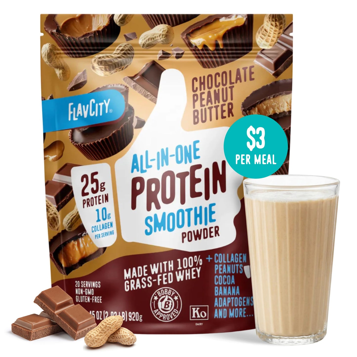 FlavCity All in One Protein Shake Powder, Mint Chocolate - On the Go Meal Alternative + Collagen Peptides, Reishi & Cordyceps - Focus, Skin, Hair & Joint Support - 100% Grass Fed Whey, 20 Servings