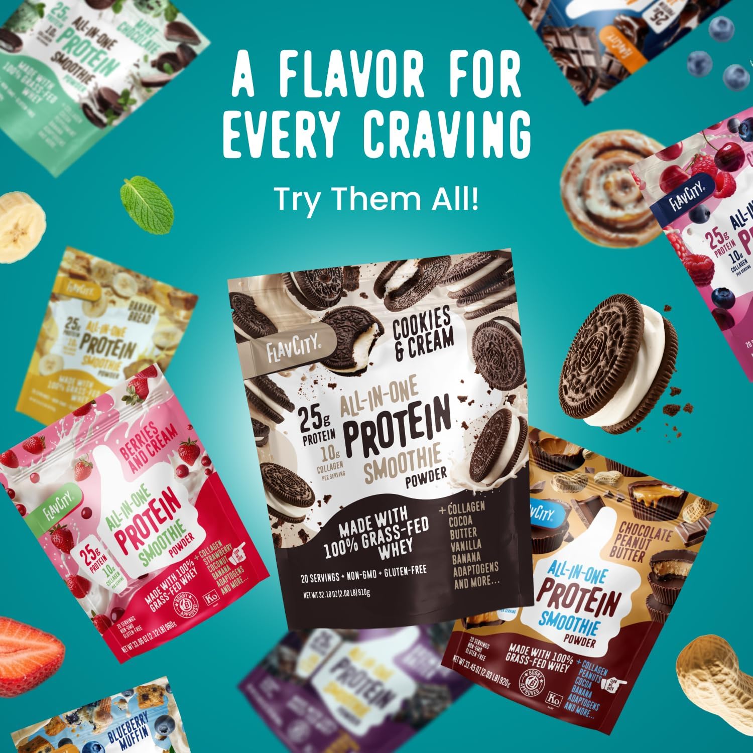FlavCity All in One Protein Shake Powder, Mint Chocolate - On the Go Meal Alternative + Collagen Peptides, Reishi & Cordyceps - Focus, Skin, Hair & Joint Support - 100% Grass Fed Whey, 20 Servings