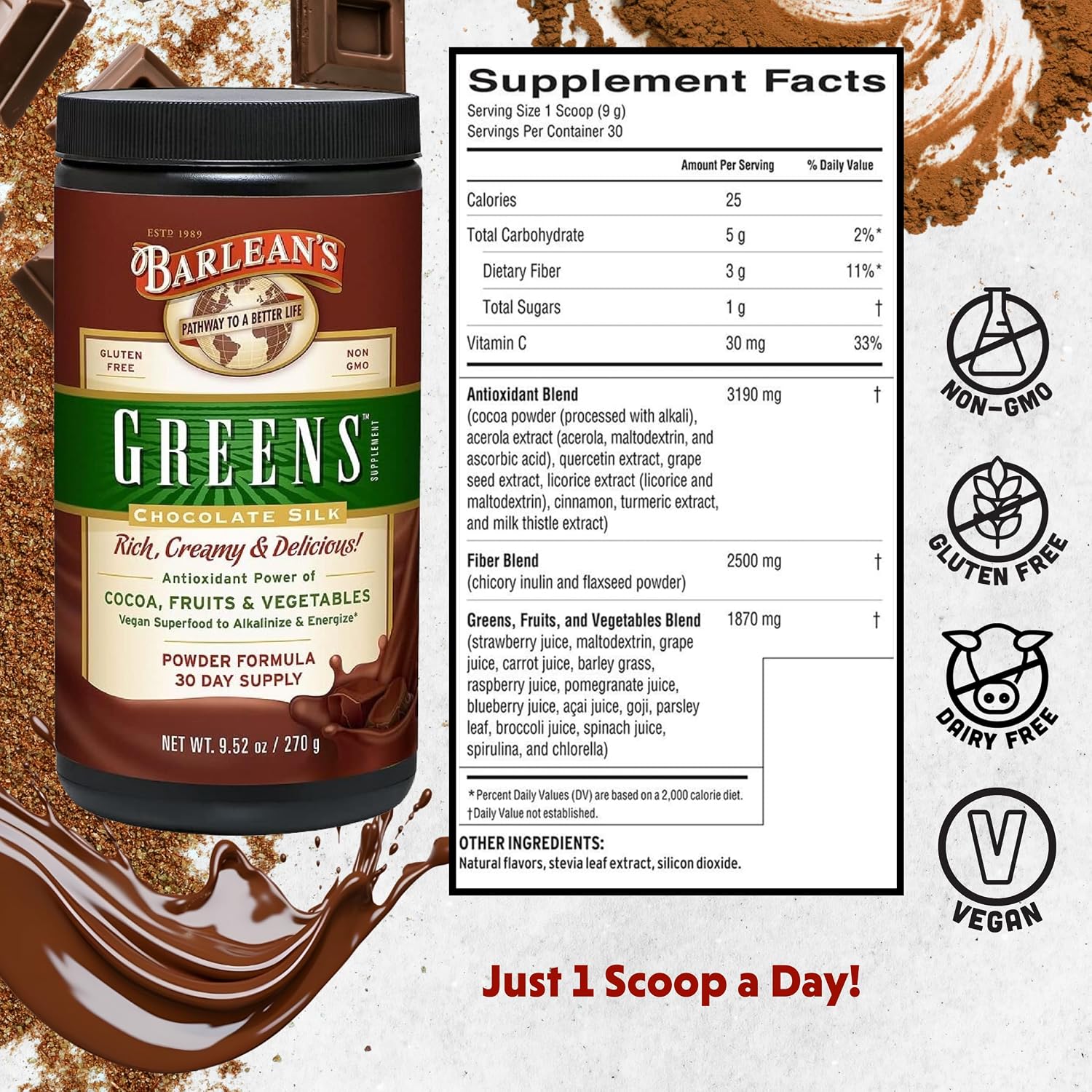 Barlean's Chocolate Greens Powder, Superfood Drink Mix, Vegan, 9.52oz | Fruits, vegetables & greens, Cocoa flavor, Fiber, Non-GMO, Vegan, Gluten-free, Daily superfood drink mix