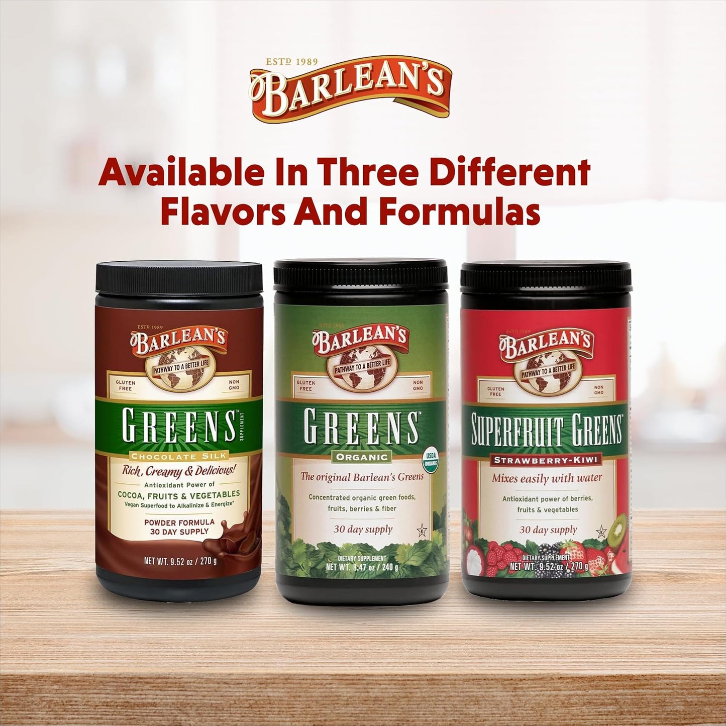 Barlean's Chocolate Greens Powder, Superfood Drink Mix, Vegan, 9.52oz | Fruits, vegetables & greens, Cocoa flavor, Fiber, Non-GMO, Vegan, Gluten-free, Daily superfood drink mix